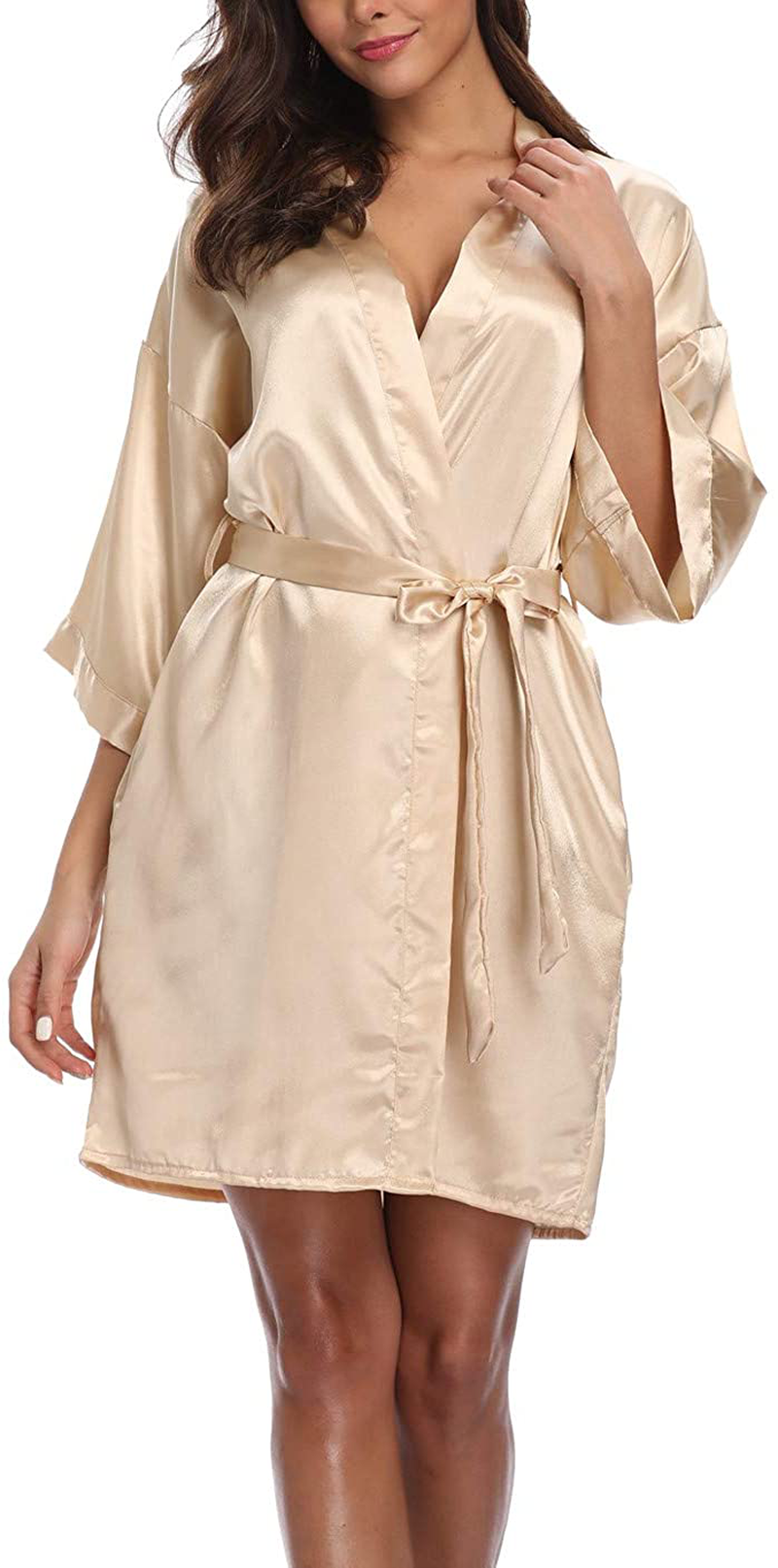 Old-Times Women'S Pure Color Silk Kimono Short Robes for Bridesmaids and Bride Apparel & Accessories > Clothing > Sleepwear & Loungewear > Robes Old-Times Champagne Small 