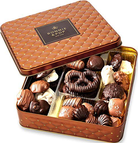 Chocolate Gift Basket , Gourmet Snack Food Box in Keepsake Tin, Great for Birthday, Sympathy, Family Parties & Get Well - Bonnie & Pop Arts & Entertainment > Party & Celebration > Gift Giving BONNIE AND POP Chocolate Gift Basket  