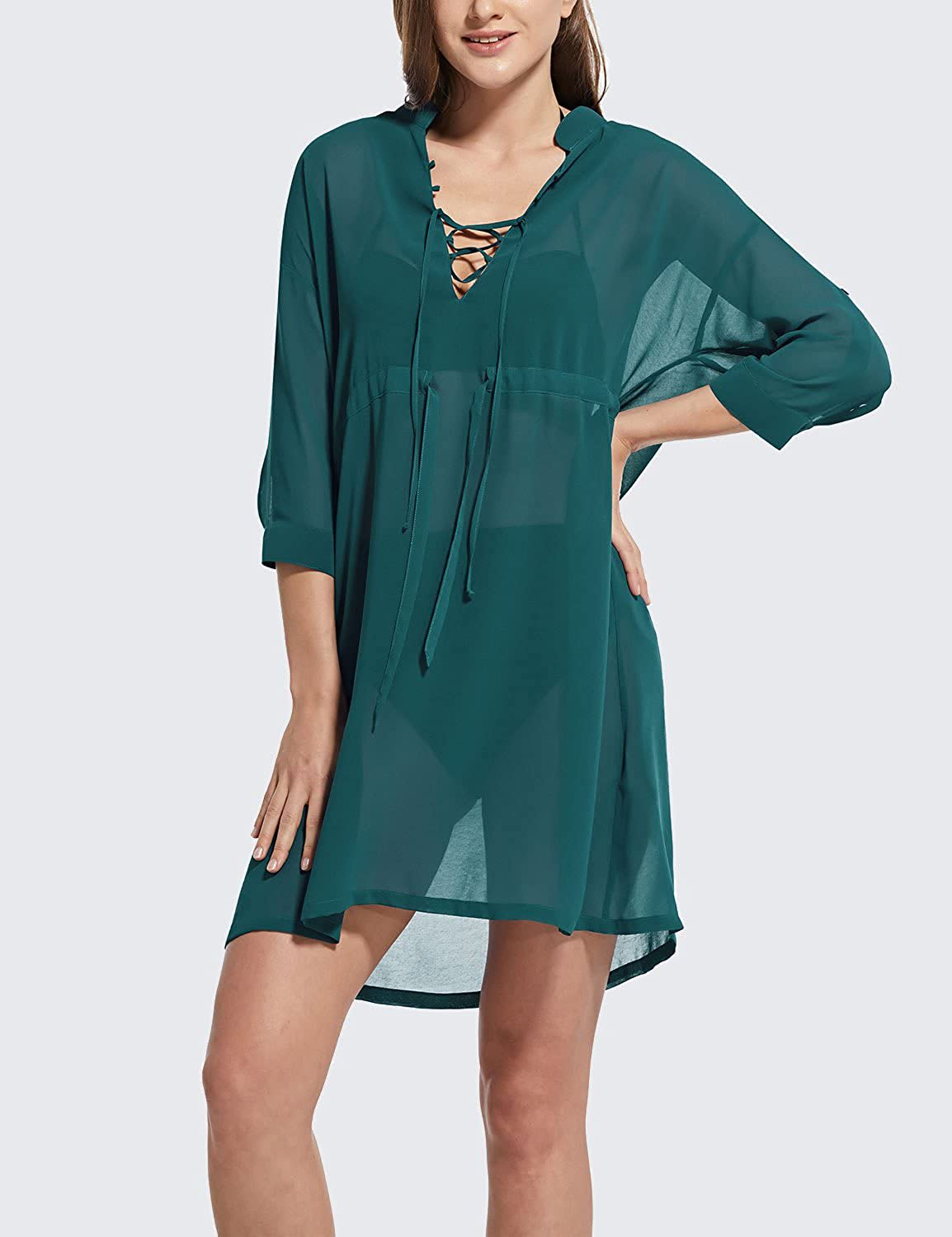 BALEAF Women'S 3/4 Sleeve Sheer Chiffon Bikini Swim Cover up V Neck Mesh Beach Coverups Apparel & Accessories > Clothing > Swimwear Kylie Max   