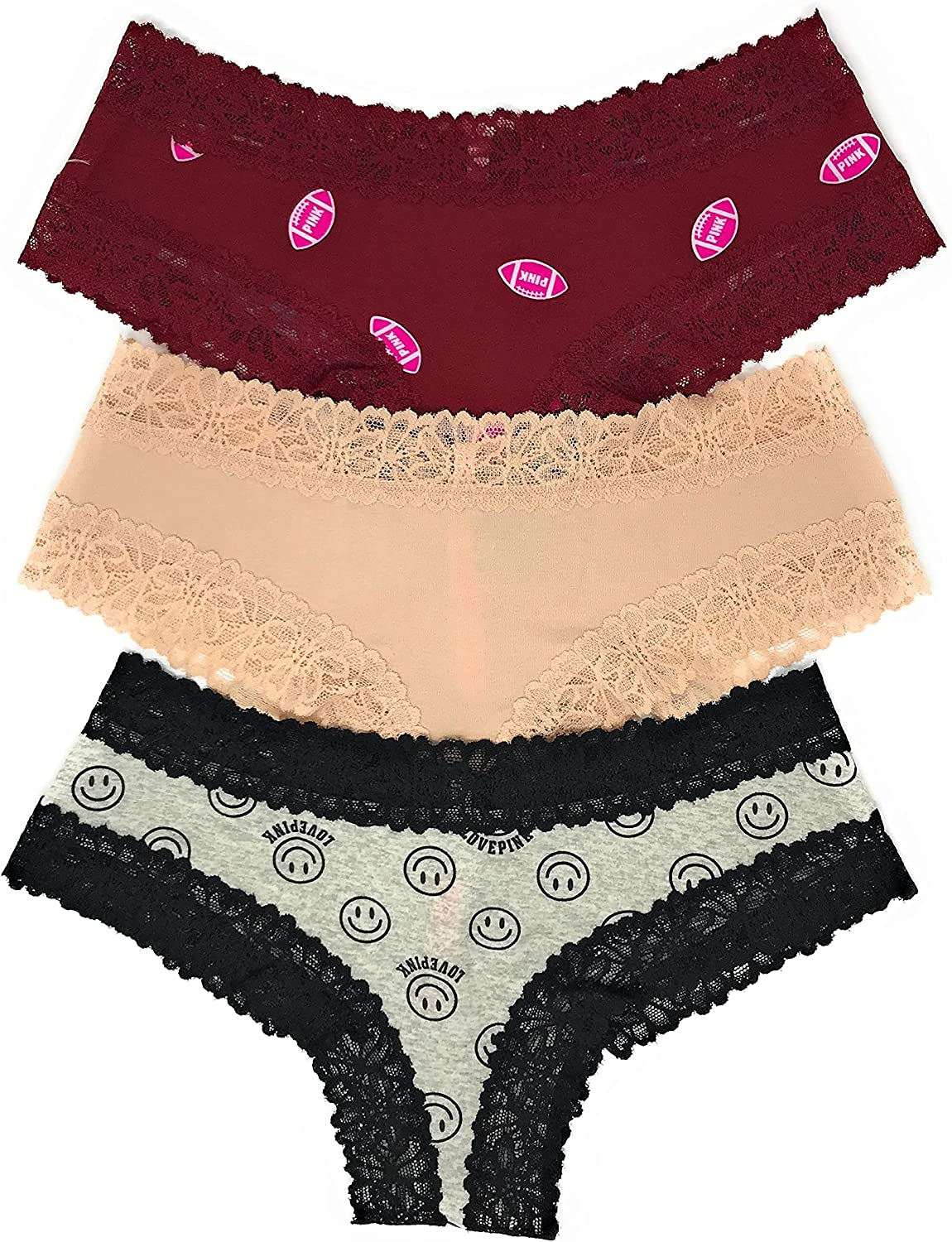 Victoria'S Secret Pink Cheekster Panty Set of 3  Victoria's Secret Lace Trim Cran Footballs / Nude / Gry Smile Large 