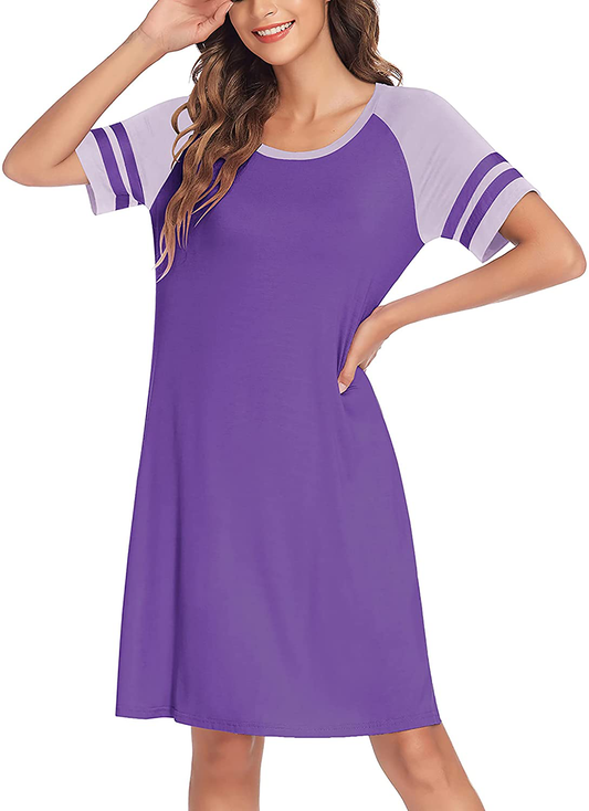 Hotouch Nightshirts Womens Nightgowns Raglan Striped Short Sleeve Sleepwear Comfy Sleepshirt S-XXL Apparel & Accessories > Clothing > Sleepwear & Loungewear > Nightgowns Kylie Max   