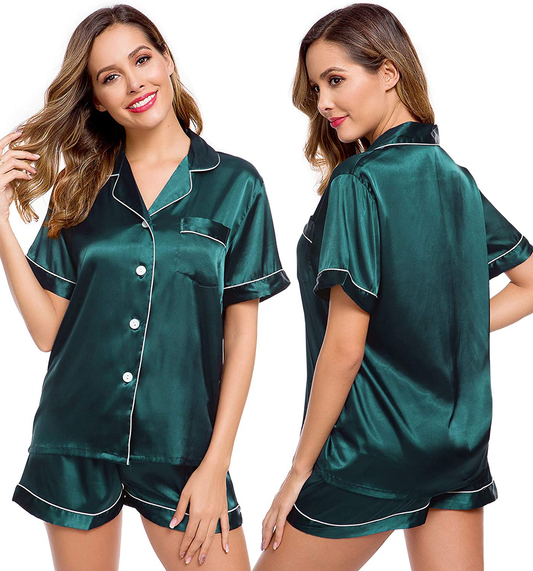 Lecgee Womens Silk Satin Pajamas Short Sleeve Loungewear Two-Piece Sleepwear Button-Down Pj Set Apparel & Accessories > Clothing > Sleepwear & Loungewear > Pajamas Kylie Max   