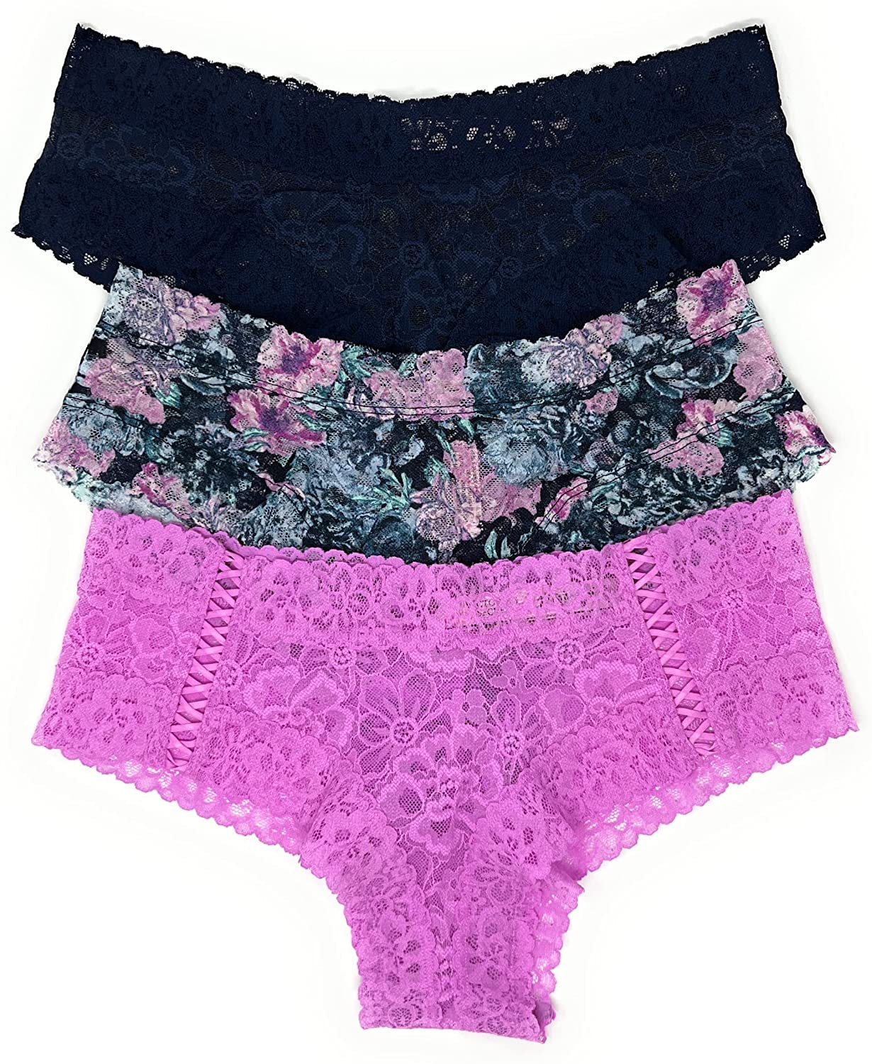 Victoria'S Secret the Lacie Cheeky Panty Set of 3 Apparel & Accessories > Clothing > Underwear & Socks > Underwear Victoria's Secret Navy / Purple Aqua Floral / Lilac Cross Large 