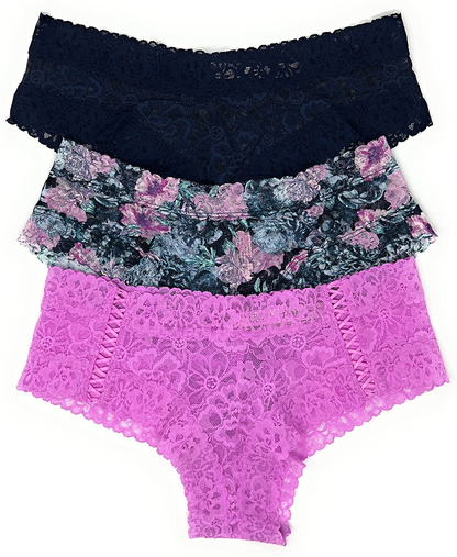 Victoria'S Secret the Lacie Cheeky Panty Set of 3 Apparel & Accessories > Clothing > Underwear & Socks > Underwear Victoria's Secret Navy / Purple Aqua Floral / Lilac Cross Large 