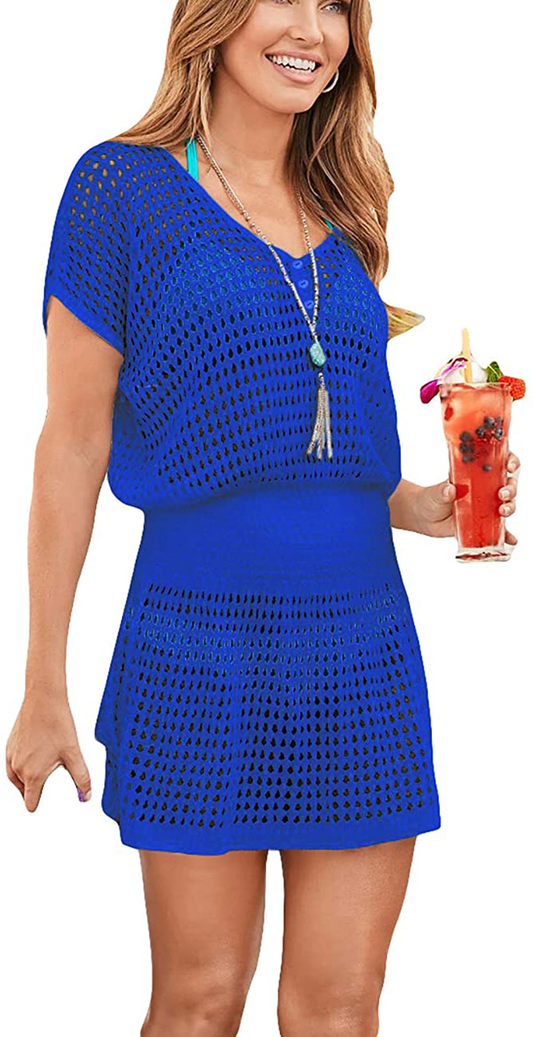Bsubseach Women Crochet Hollow Out Swim Cover Ups Short Sleeve Beach Swimwear Tunic Dress Apparel & Accessories > Clothing > Swimwear Kylie Max   