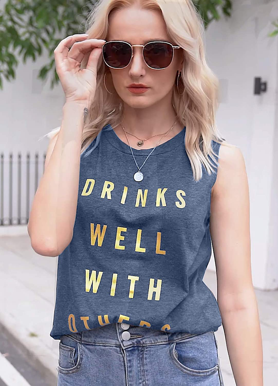 Drinks Well with Others Muscle Tank Tops Womens Funny Drinking Alcohol Sleeveless Letter Printed Graphic Tee Shirt Tops Apparel & Accessories > Clothing > Activewear Kylie Max   