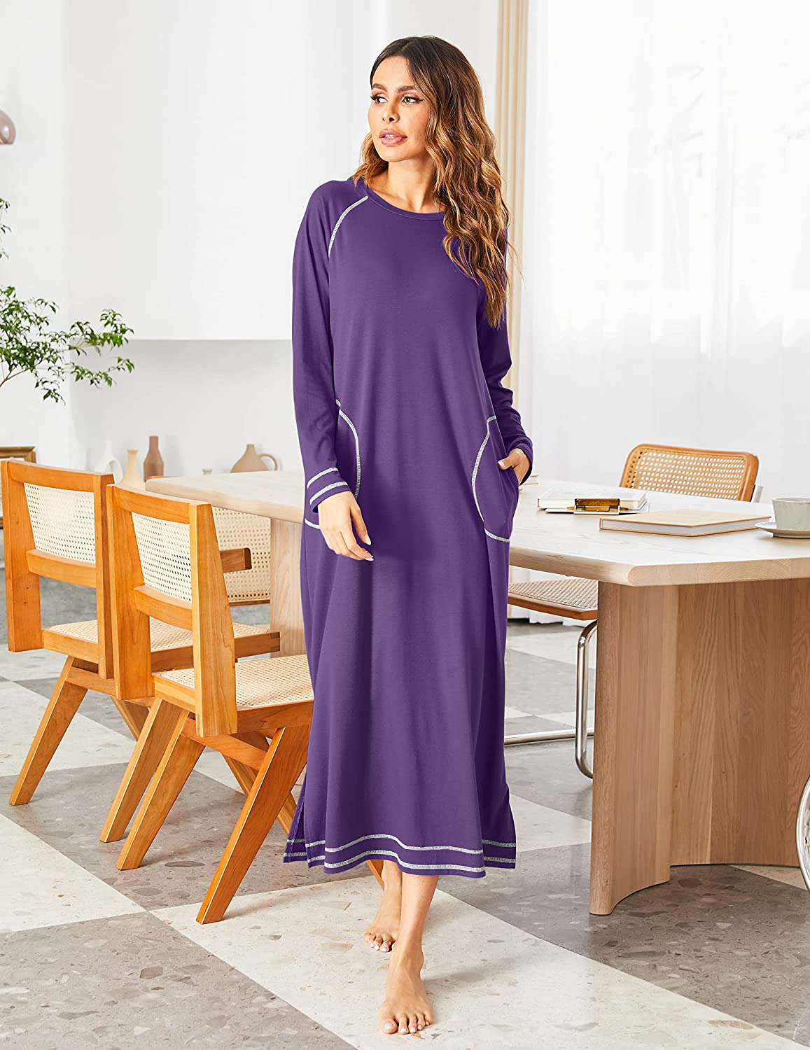 Ekouaer Women'S Nightshirt Long Sleeve Nightgown round Neck Sleepwear Full Length Pajama Dress with Pockets Loungewear S-XXL Apparel & Accessories > Clothing > Sleepwear & Loungewear > Nightgowns Kylie Max   