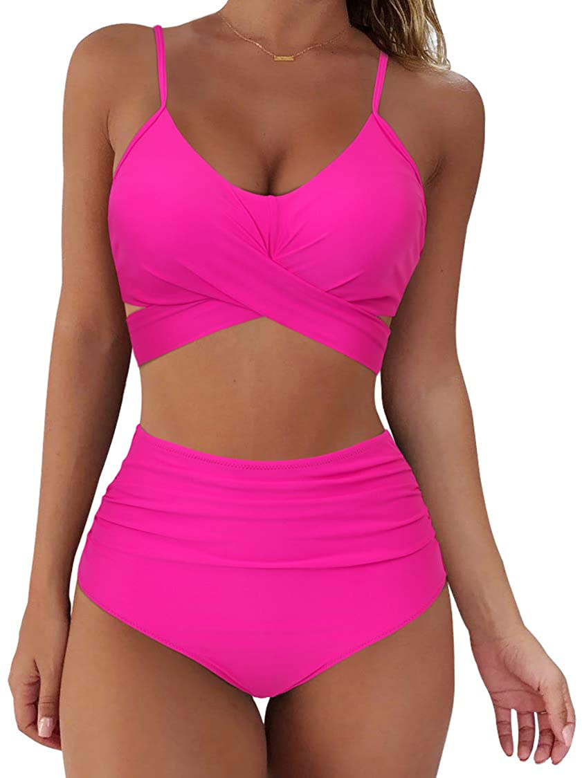 SUUKSESS Women Wrap Bikini Set Push Up High Waisted 2 Piece Swimsuits Apparel & Accessories > Clothing > Swimwear SUUKSESS 2-87 Hot Pink 4-6 