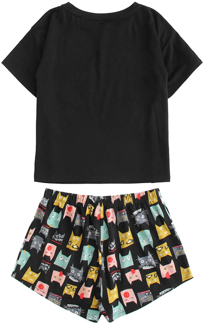 DIDK Women'S Cute Cartoon Print Tee and Shorts Pajama Set Apparel & Accessories > Clothing > Sleepwear & Loungewear > Pajamas Kylie Max   