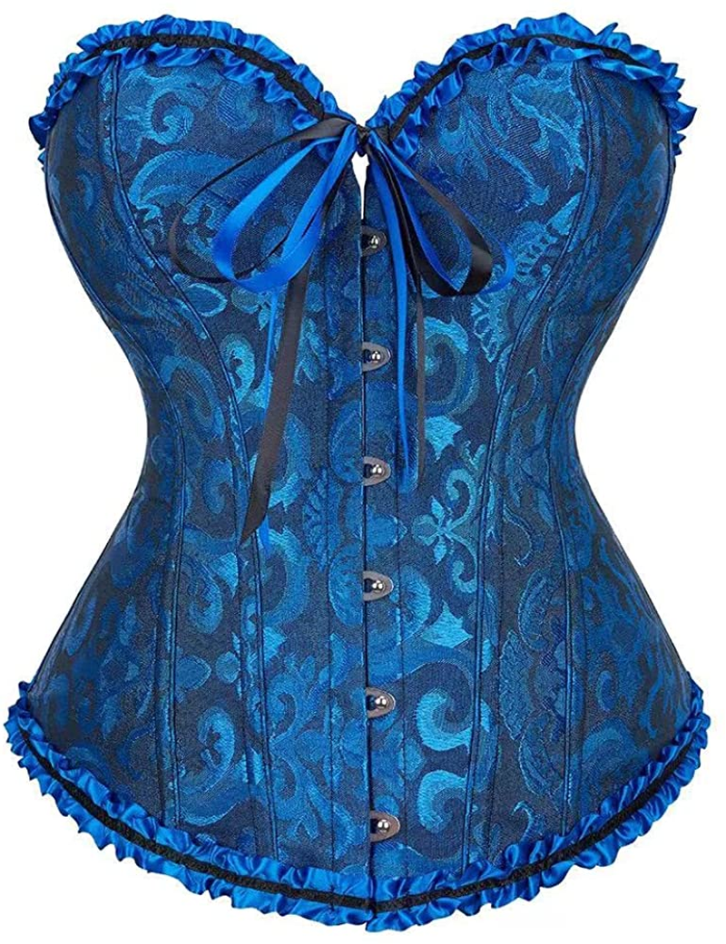 Women'S Lacing Corset Top Satin Floral Boned Overbust Body Shaper Bustier Apparel & Accessories > Clothing > Underwear & Socks > Lingerie SHYMMUO Blue/Black X-Large 