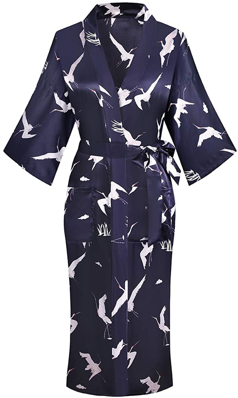 Dandychic Women'S Kimono Robes Lightweight Imitation Silk Sleepwear Long Lightweight Nightgown for Women Apparel & Accessories > Clothing > Sleepwear & Loungewear > Robes DandyChic Purple/Crane Medium 