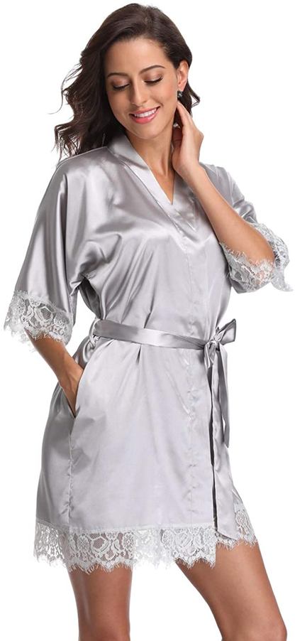 Original Kimono Women'S Lace-Trimmed Satin Short Kimono Robe Bathrobe Loungewear Apparel & Accessories > Clothing > Sleepwear & Loungewear > Robes Original Kimono Light Grey Large 