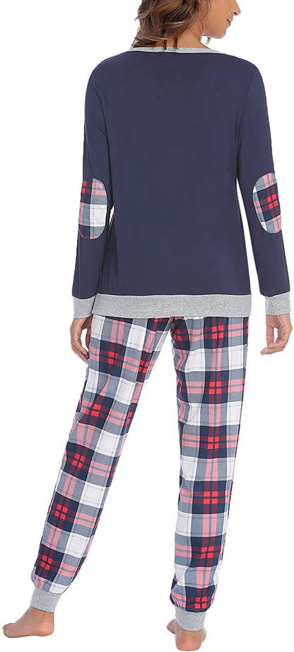 Ekouaer Women's Pajamas Sets Long Sleeve with Plaid Pants Soft Sleepwear O Neck 2 Piece Pjs Joggers Loung Set with Pockets Apparel & Accessories > Clothing > Sleepwear & Loungewear > Pajamas Ekouaer   