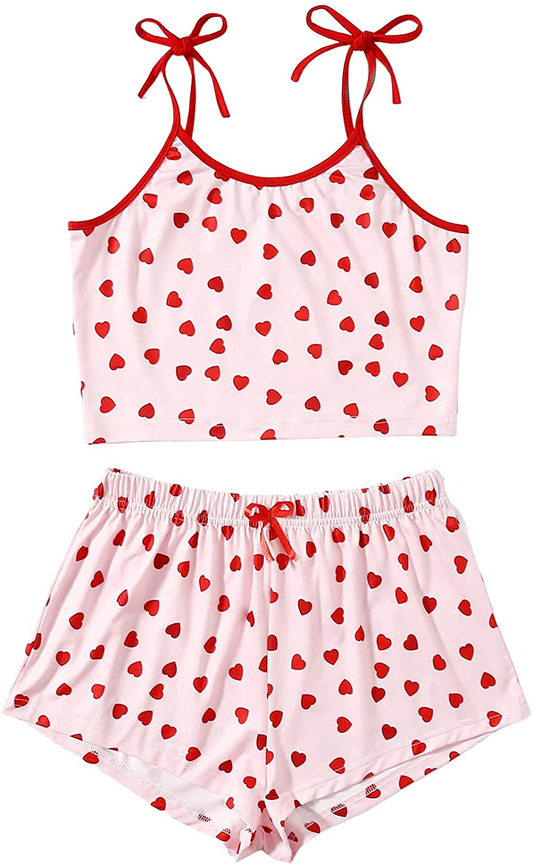 Romwe Women'S 2 Pieces Cherry Print Cute Pajama Set Tie Shoulder Cami Top and Shorts Sleepwear Apparel & Accessories > Clothing > Sleepwear & Loungewear Kylie Max   