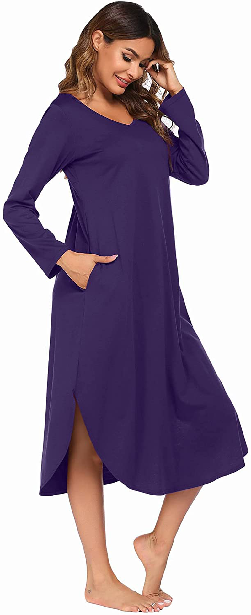 Ekouaer Nightgowns Womens V Neck Nightshirts Long Sleeve Sleepwear plus Size Night Wear S-XXL Apparel & Accessories > Clothing > Sleepwear & Loungewear > Nightgowns Kylie Max   