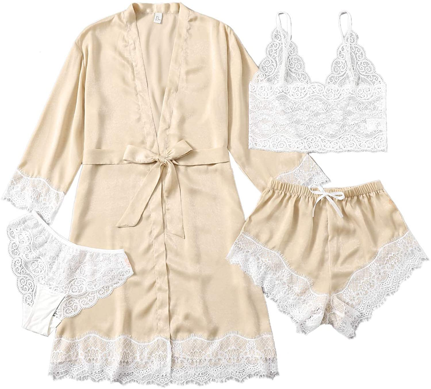 WDIRARA Women'S 4 Pieces Satin Floral Lace Cami Top Lingerie Pajama Set with Robe Apparel & Accessories > Clothing > Underwear & Socks > Lingerie WDIRARA Champagne X-Large 