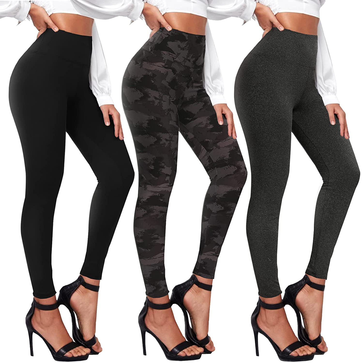 TNNZEET 3 Pack High Waisted Leggings for Women - Buttery Soft Workout Running Yoga Pants Apparel & Accessories > Clothing > Activewear TNNZEET Black/ Black Printed/ Dark Grey Heather Large-X-Large 