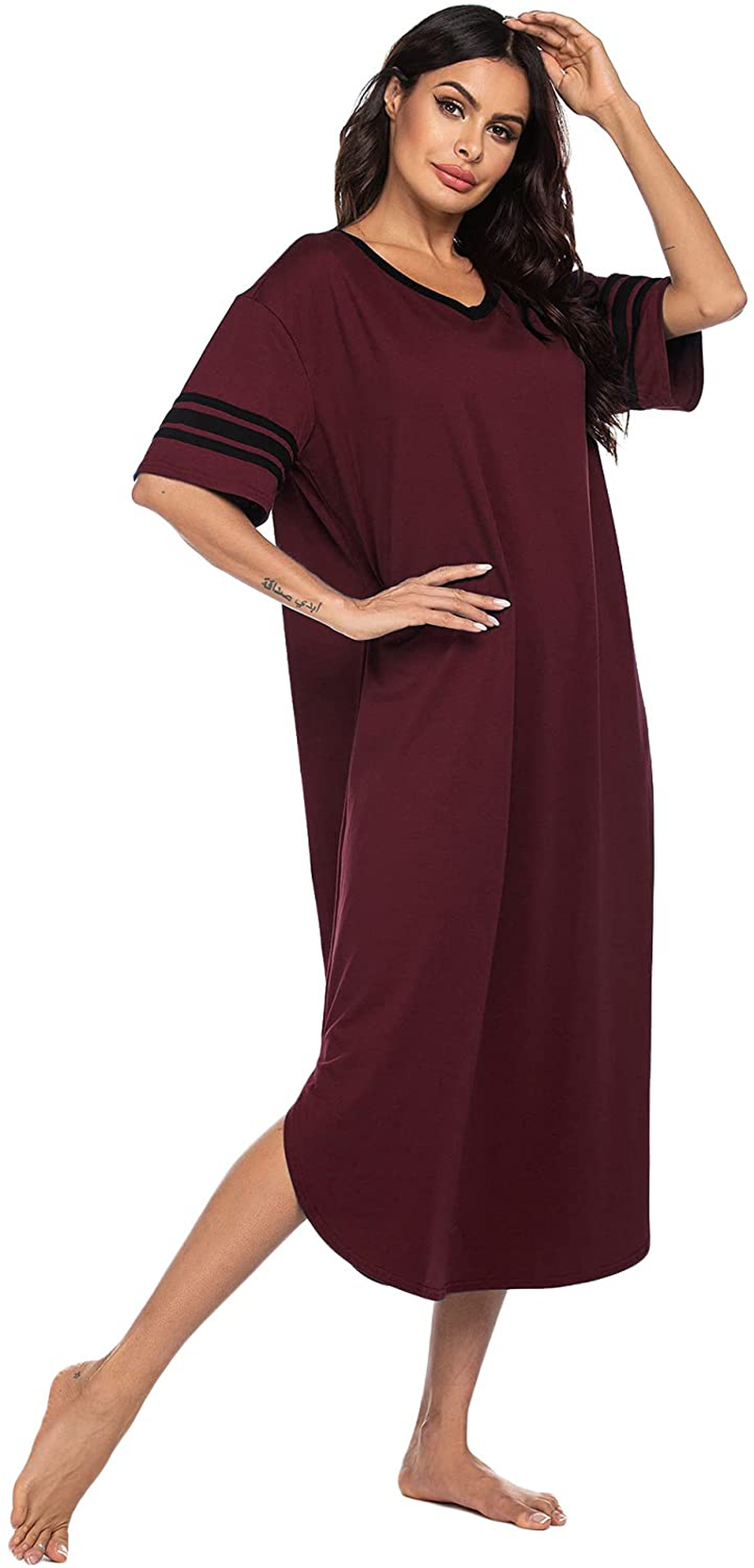 Ekouaer Long Nightgown, Womens V Neck Loungewear Oversized Sleepwear Loose Sleep Dress S-4XL Apparel & Accessories > Clothing > Sleepwear & Loungewear > Nightgowns Kylie Max   