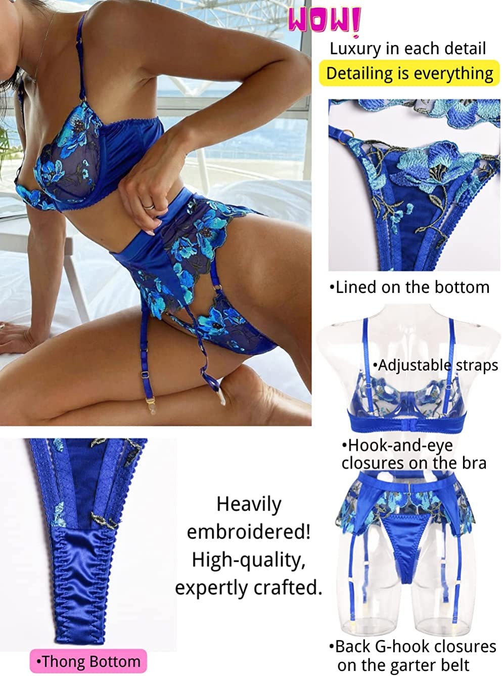 Kaei&Shi Floral Embroidered Sheer,Underwire,High Waisted Belt,Thong,Garter Lingerie Set Apparel & Accessories > Clothing > Underwear & Socks > Lingerie Kaei&Shi   