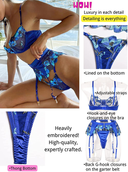 Kaei&Shi Floral Embroidered Sheer,Underwire,High Waisted Belt,Thong,Garter Lingerie Set Apparel & Accessories > Clothing > Underwear & Socks > Lingerie Kaei&Shi   