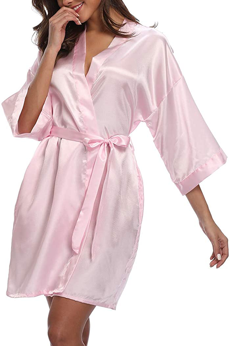 VOGMATE Women'S Floral Satin Short Robe for Bridesmaid Bride Silk Kimono Robe Dressing Gown for Wedding Party Apparel & Accessories > Clothing > Sleepwear & Loungewear > Robes VOGMATE Pure Color-baby Pink Medium 