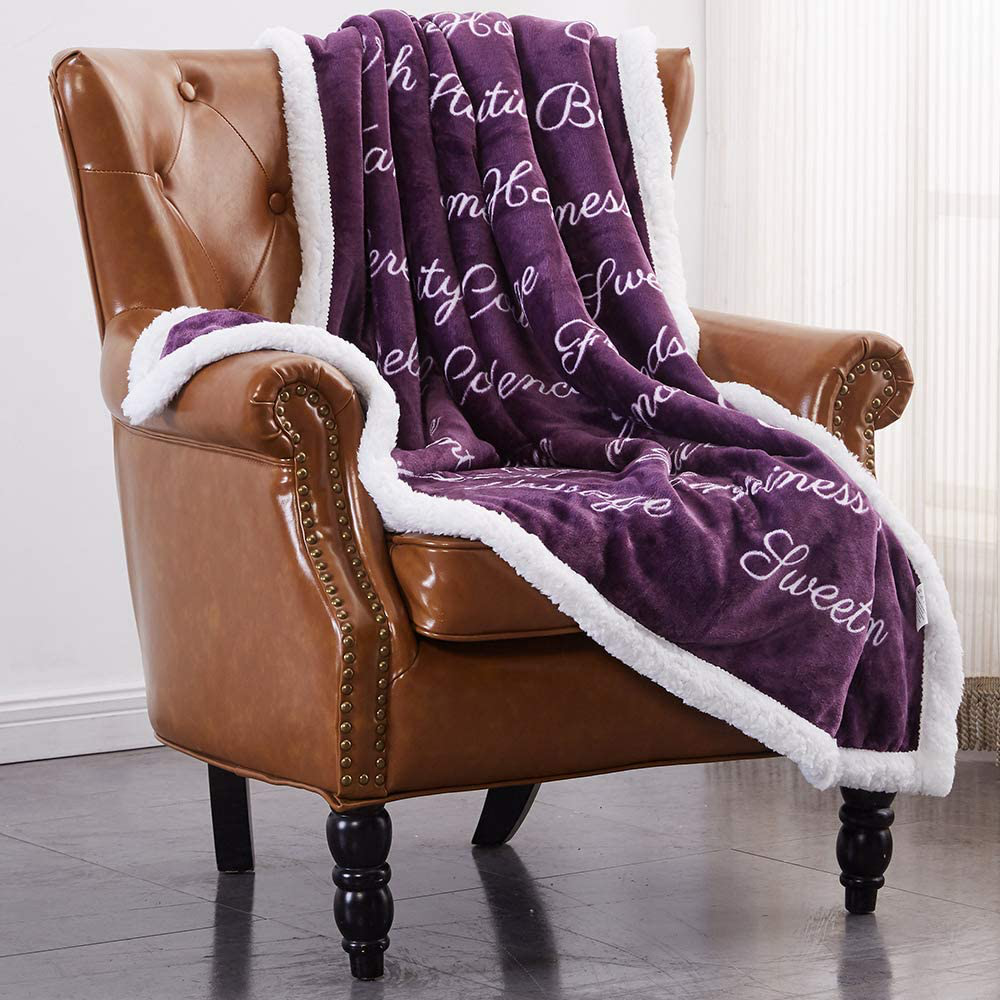 RHF Sherpa Blanket w/Words of Warm Hug, Family, Friendship, Positive Energy Healing Thoughts, Super Soft, Birthday Gifts for Women Men, Gift for Women, Womens Gifts, Mom Birthday Gifts(Throw, Violet) Arts & Entertainment > Party & Celebration > Gift Giving Rose Home Fashion Violet Twin(60"x80") 