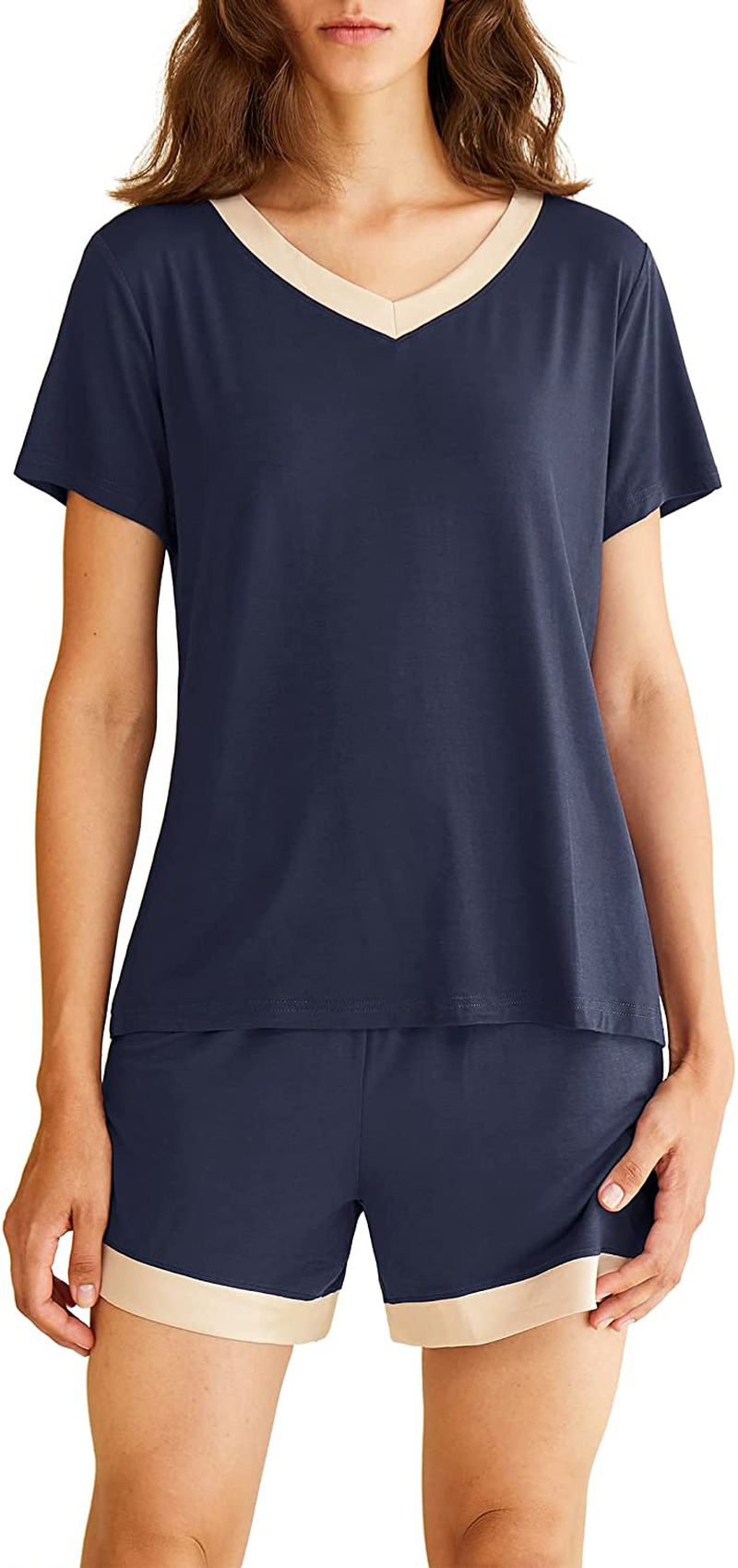 Latuza Women's V-neck Sleepwear Short Sleeve Pajama Set Apparel & Accessories > Clothing > Sleepwear & Loungewear > Pajamas KYLIE MAX Navy X-Large 