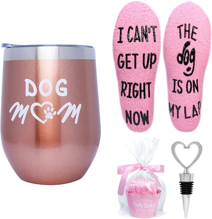 Valporia Retirement Gifts for Women 2021 Insulated Wine Tumbler with Sayings + If You Can Read This Socks + Wine Stopper for Women Birthday Gifts for Women Rose Gold Stainless Steel Xmas Gifts Arts & Entertainment > Party & Celebration > Gift Giving Valporia Rose gold set-dog mom  