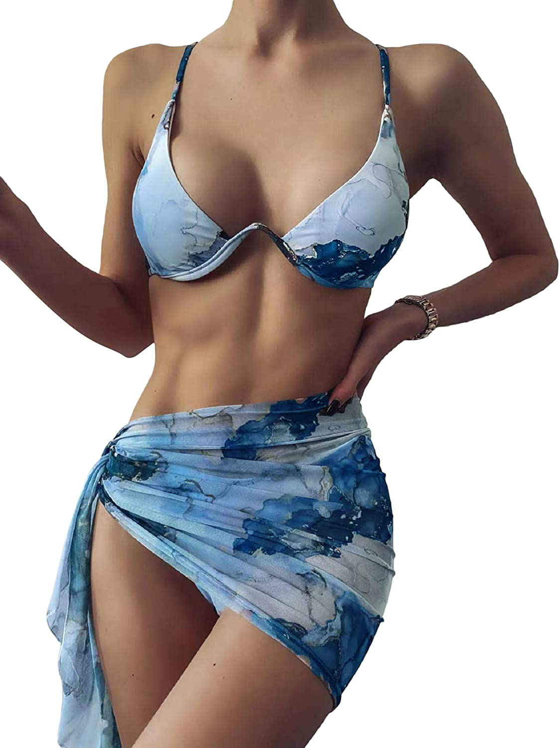 SOLY HUX Women'S 3 Piece Tie Dye Bikini Set Swimsuit with Sarongs Cover Ups Beach Skirt Bathing Suit Apparel & Accessories > Clothing > Swimwear Kylie Max   