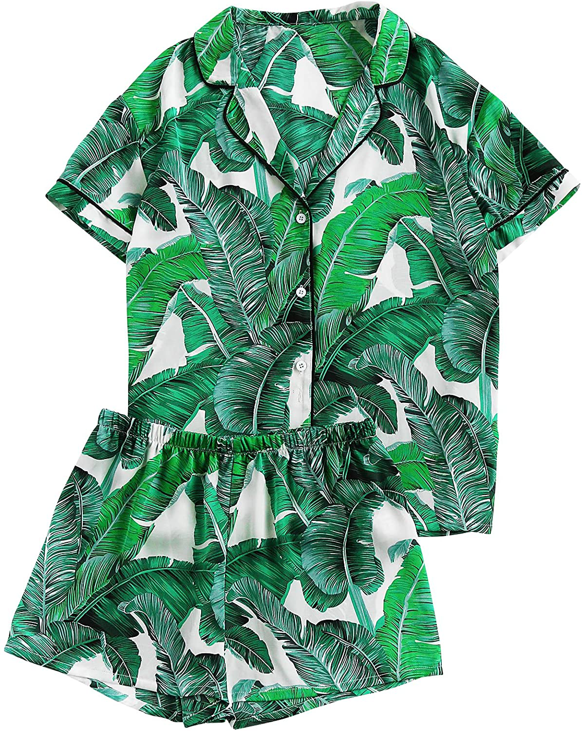 Floerns Women's Notch Collar Palm Leaf Print Sleepwear Two Piece Pajama Set Apparel & Accessories > Clothing > Sleepwear & Loungewear > Pajamas Floerns Green Small 