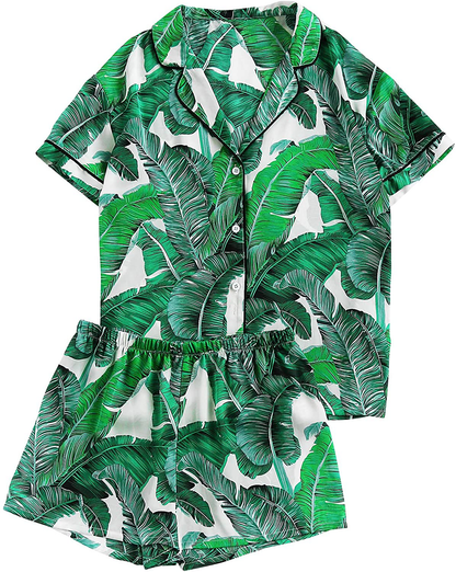 Floerns Women's Notch Collar Palm Leaf Print Sleepwear Two Piece Pajama Set Apparel & Accessories > Clothing > Sleepwear & Loungewear > Pajamas Floerns Green Small 