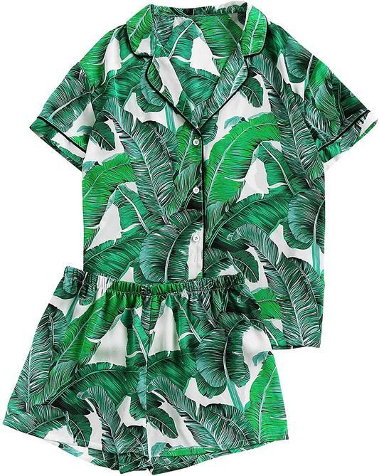 Floerns Women's Notch Collar Palm Leaf Print Sleepwear Two Piece Pajama Set Apparel & Accessories > Clothing > Sleepwear & Loungewear > Pajamas Floerns Green Small 