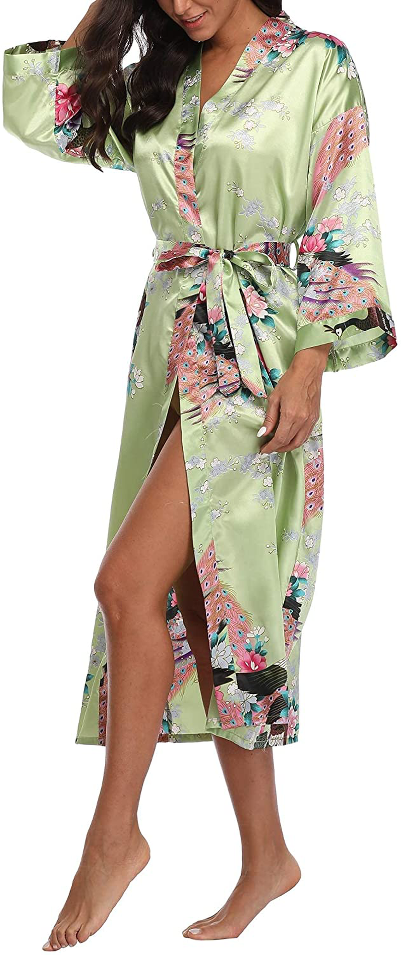 Witbuy Women'S Long Floral Kimono Robes for Party Satin Peacock Printed Bathrobe Silky Nightgown Lightweight Loungewear Apparel & Accessories > Clothing > Sleepwear & Loungewear > Robes WitBuy Green Large 
