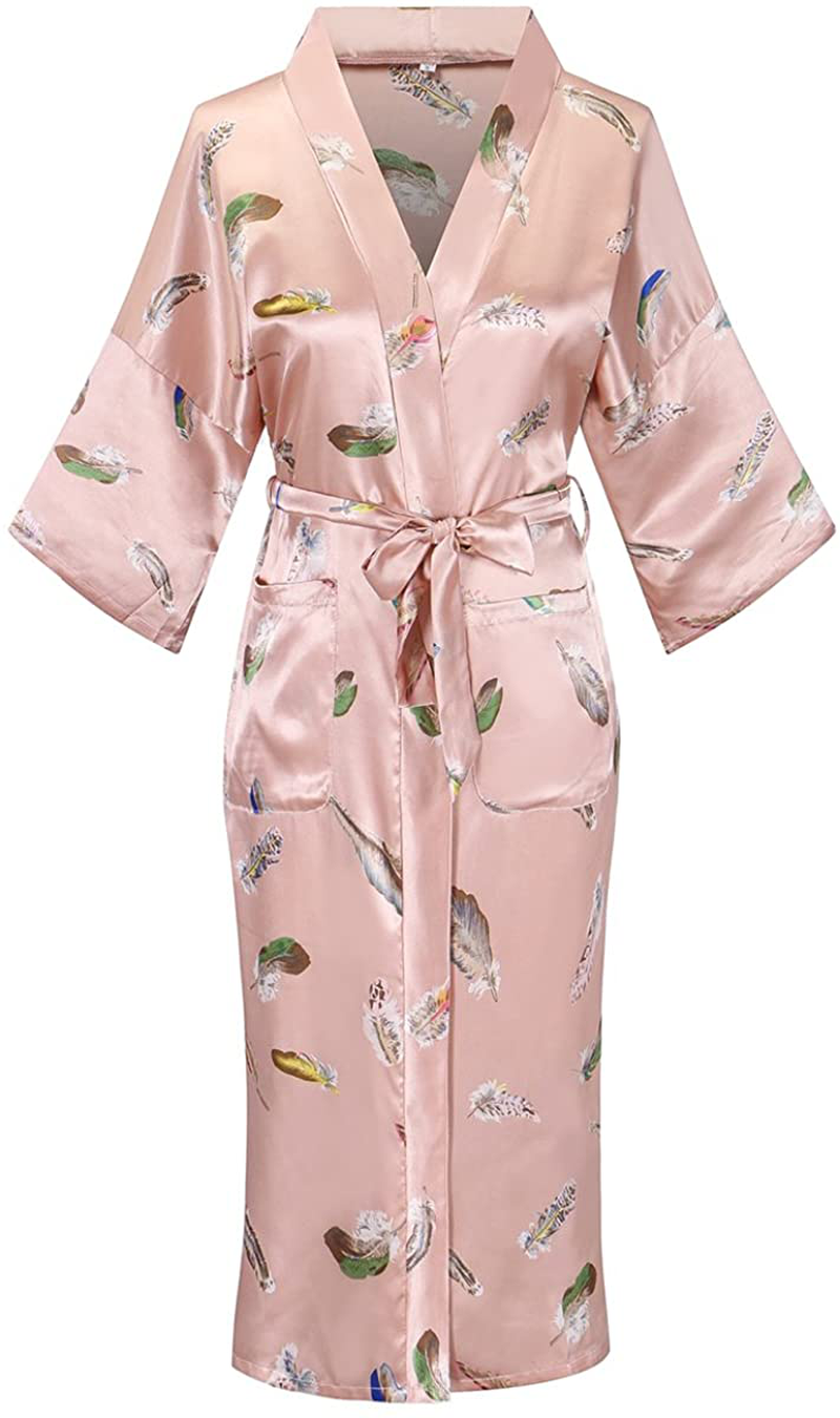 Dandychic Women'S Kimono Robes Lightweight Imitation Silk Sleepwear Long Lightweight Nightgown for Women Apparel & Accessories > Clothing > Sleepwear & Loungewear > Robes DandyChic Pink Feather Small 