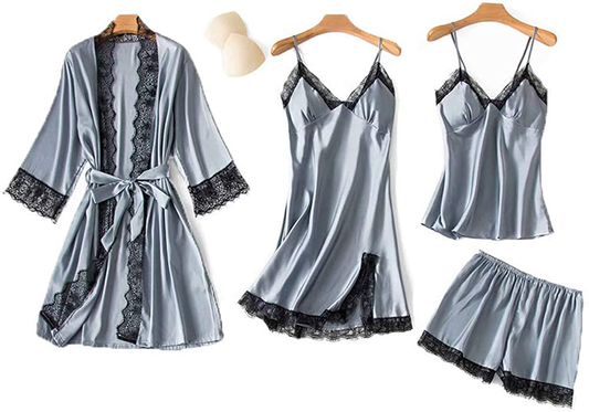 SAPJON Women'S 4Pcs Silk Satin Pajama Set Cami Top Nightgown Lace Sleepwear Robe Sets Sexy Nightdress with Chest Pads Apparel & Accessories > Clothing > Sleepwear & Loungewear Kylie Max   