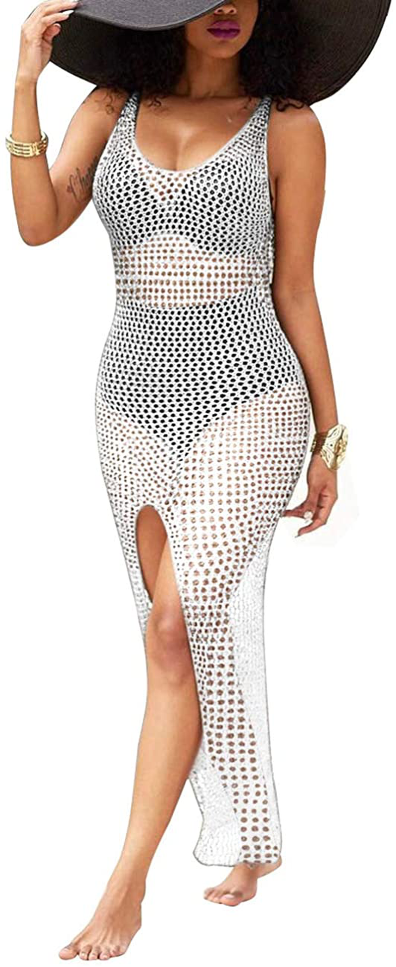 Perzeal Women'S Sexy Sleeveless Swimsuit Cover Ups Sheer Crochet plus Size Beach Bikini See through Swimwear Maxi Dresses Apparel & Accessories > Clothing > Swimwear Kylie Max   