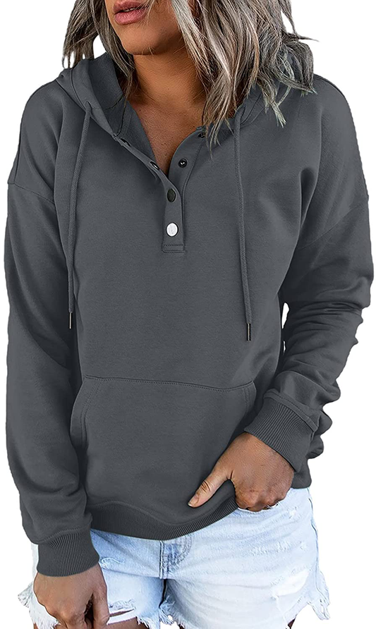 Dokotoo Womens Casual Button Collar Drawstring Long Sleeve Hoodies Pullover Sweatshirts Hooded Tops Apparel & Accessories > Clothing > Activewear Kylie Max   