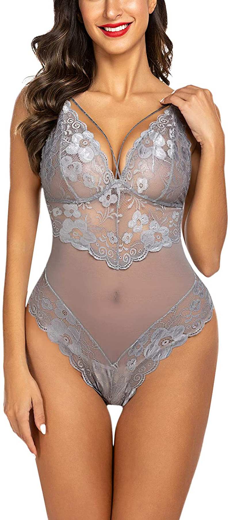Avidlove Womens Snap Crotch Lingerie Lace Teddy One Piece Babydoll Sexy Mini Bodysuit Apparel & Accessories > Clothing > Underwear & Socks > Lingerie Avidlove Grey Small 