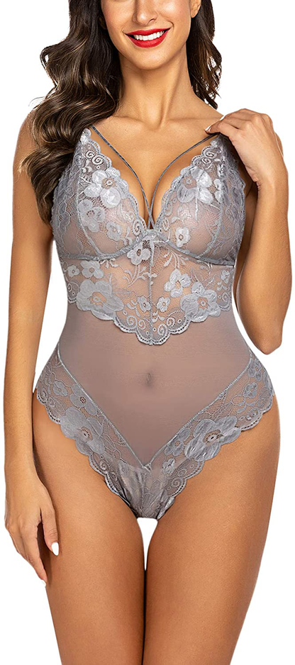Avidlove Womens Snap Crotch Lingerie Lace Teddy One Piece Babydoll Sexy Mini Bodysuit Apparel & Accessories > Clothing > Underwear & Socks > Lingerie Avidlove Grey Small 