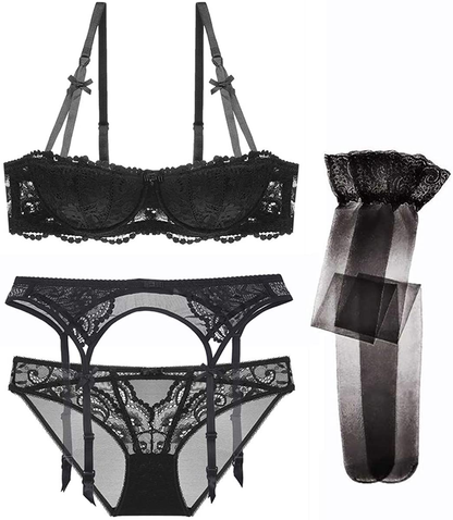 Women Push up Bras Set Lace Lingerie Bra and Panties and Garter and Stocking 4Pcs Apparel & Accessories > Clothing > Underwear & Socks > Lingerie Ningsige   