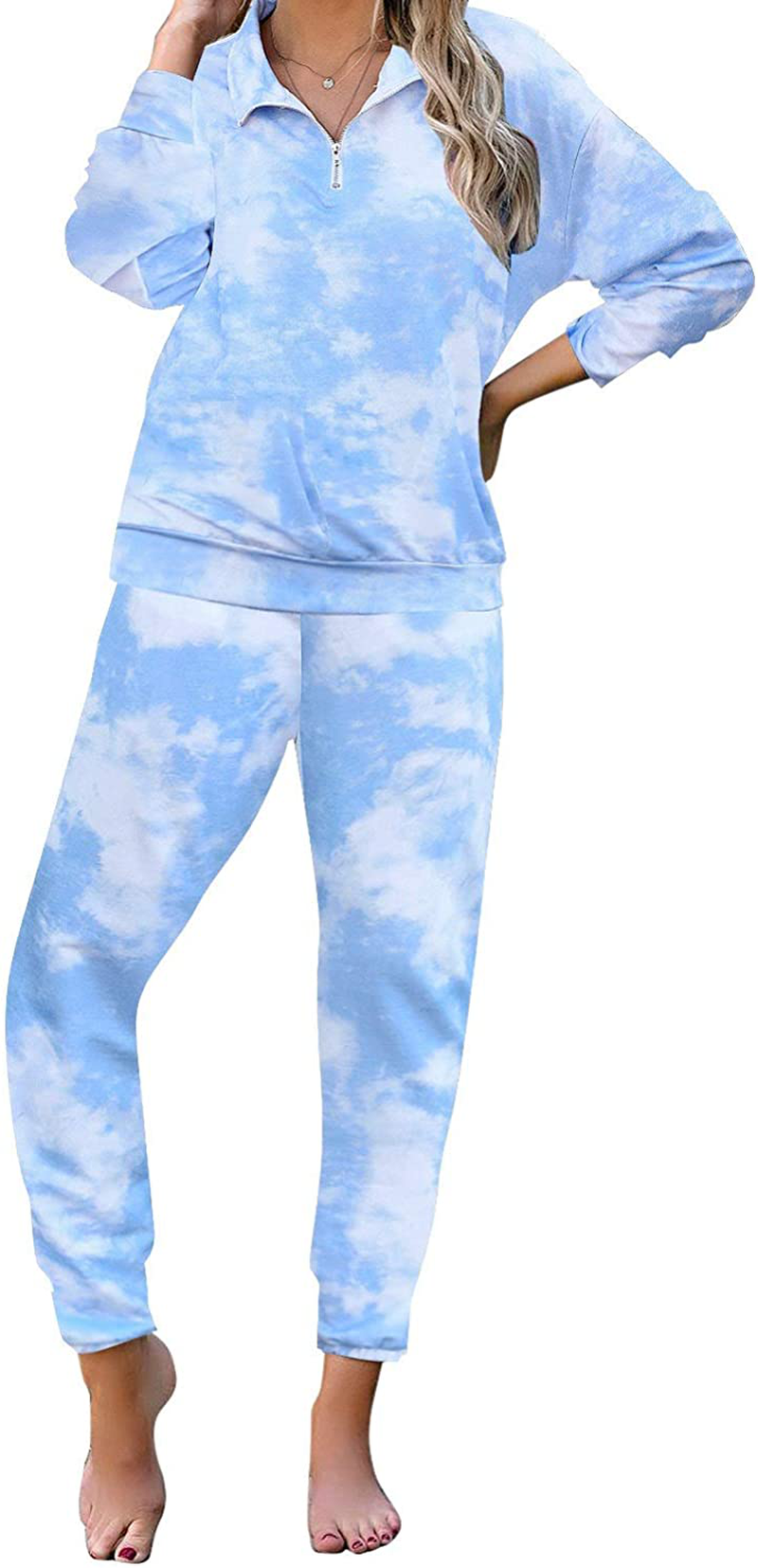 luvamia Women Tie Dye Pajama Sets Long Sleeve Tops and Pants PJ Sets Joggers Loungewear Sleepwear Apparel & Accessories > Clothing > Sleepwear & Loungewear > Pajamas KYLIE MAX Zip Up Blue XX-Large 