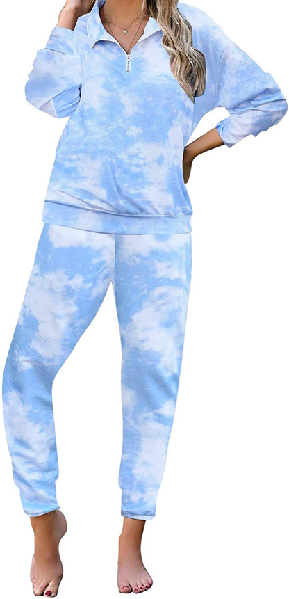 luvamia Women Tie Dye Pajama Sets Long Sleeve Tops and Pants PJ Sets Joggers Loungewear Sleepwear Apparel & Accessories > Clothing > Sleepwear & Loungewear > Pajamas KYLIE MAX Zip Up Blue XX-Large 