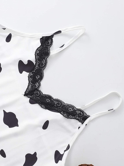Shein Women'S Cow Print Sleepwear Lace Frill Trim Crop Cami Top and Shorts Pajama Set Apparel & Accessories > Clothing > Sleepwear & Loungewear Kylie Max   