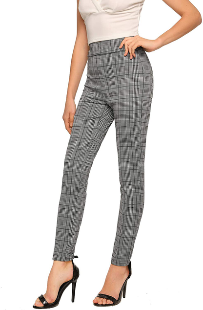 SweatyRocks Women's Casual Skinny Leggings Stretchy High Waisted Work Pants Apparel & Accessories > Clothing > Activewear SweatyRocks Black White Grey Plaid Small 