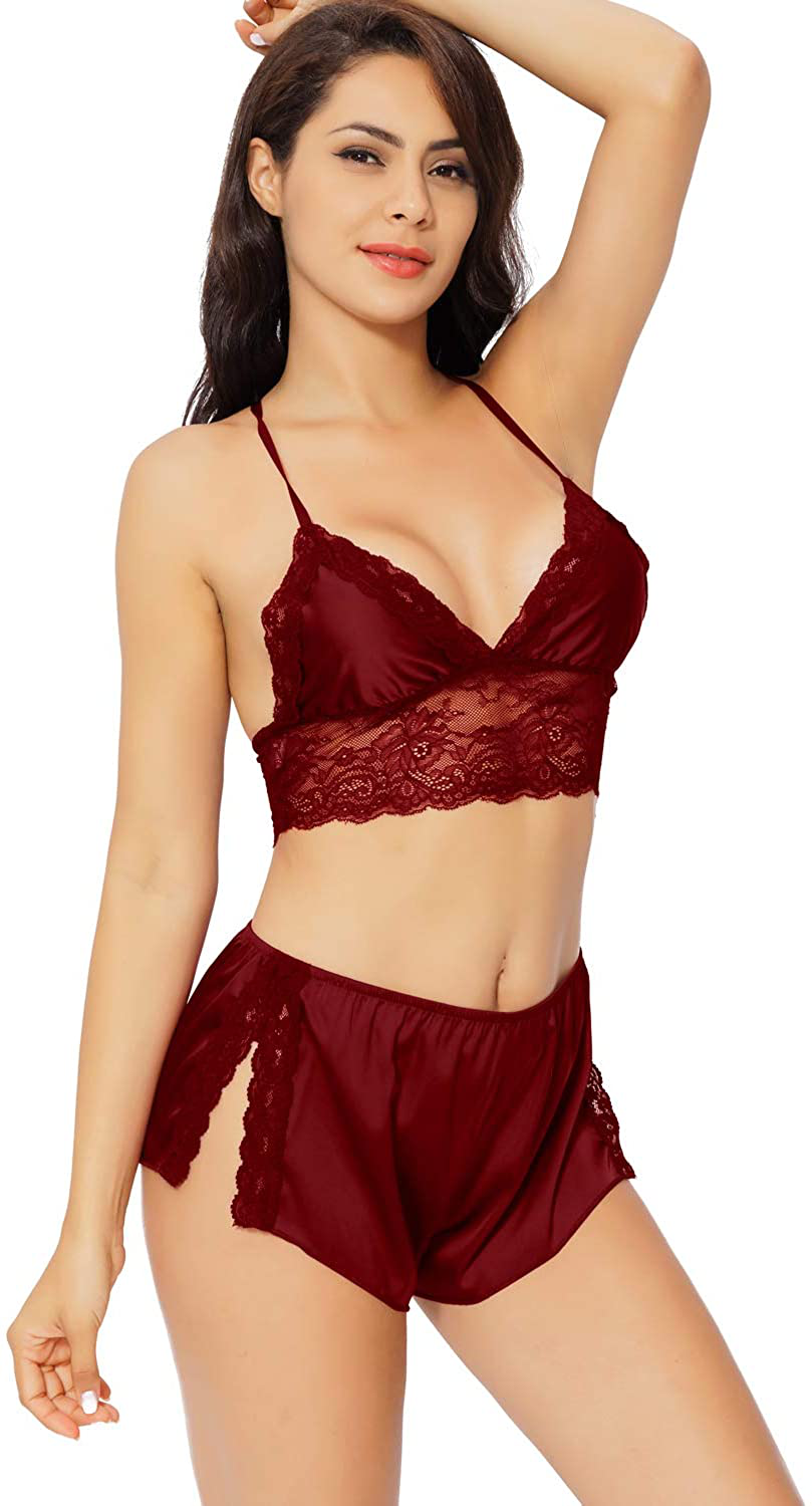 Lingerie for Women Cute Silk Pajamas Sets Satin Lace Trim Cami Tops and Shorts 2 Piece Straps Bralette and Panty Sleepwear Apparel & Accessories > Clothing > Sleepwear & Loungewear Kylie Max   