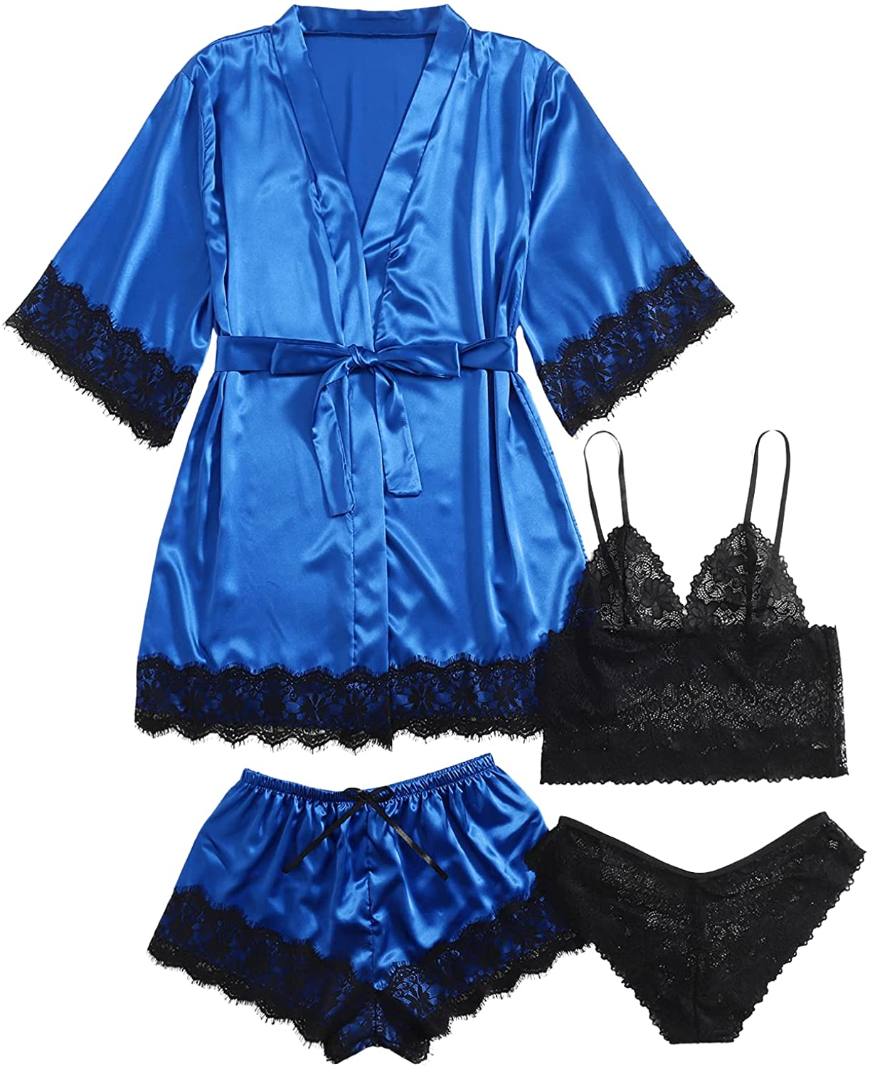 WDIRARA Women'S 4 Pieces Satin Floral Lace Cami Top Lingerie Pajama Set with Robe Apparel & Accessories > Clothing > Underwear & Socks > Lingerie WDIRARA Royal Blue Black X-Large 