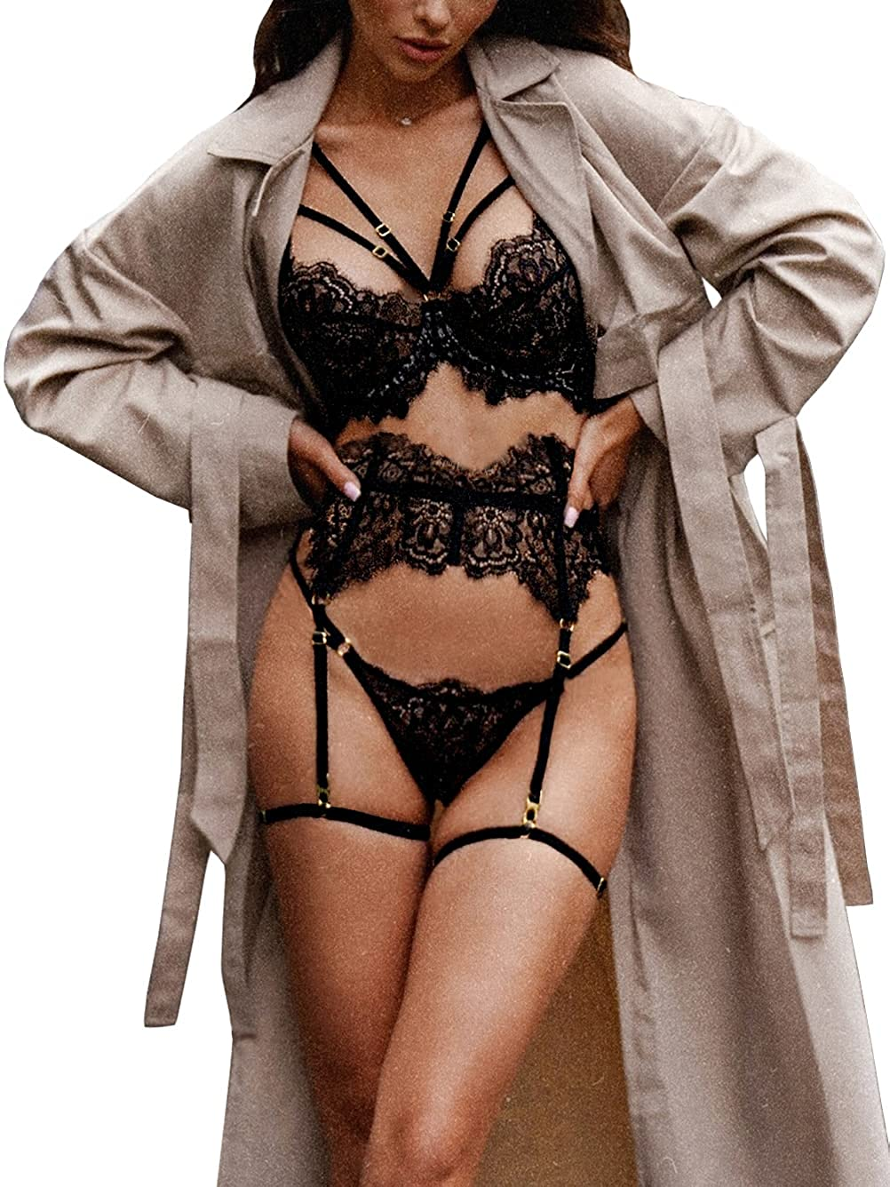 Kaei&Shi Floral Lace Sheer,Underwire Bra,Thong,Thigh Straps,4 Piece Garter Lingerie Apparel & Accessories > Clothing > Underwear & Socks > Lingerie Kaei&Shi Black 2-4 