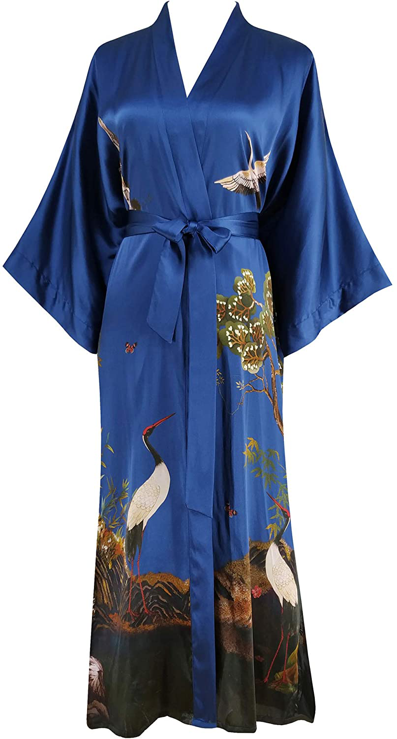 Ledamon Women'S 100% Silk Kimono Long Robe - Classic Colors and Prints Apparel & Accessories > Clothing > Sleepwear & Loungewear > Robes Ledamon Navy  