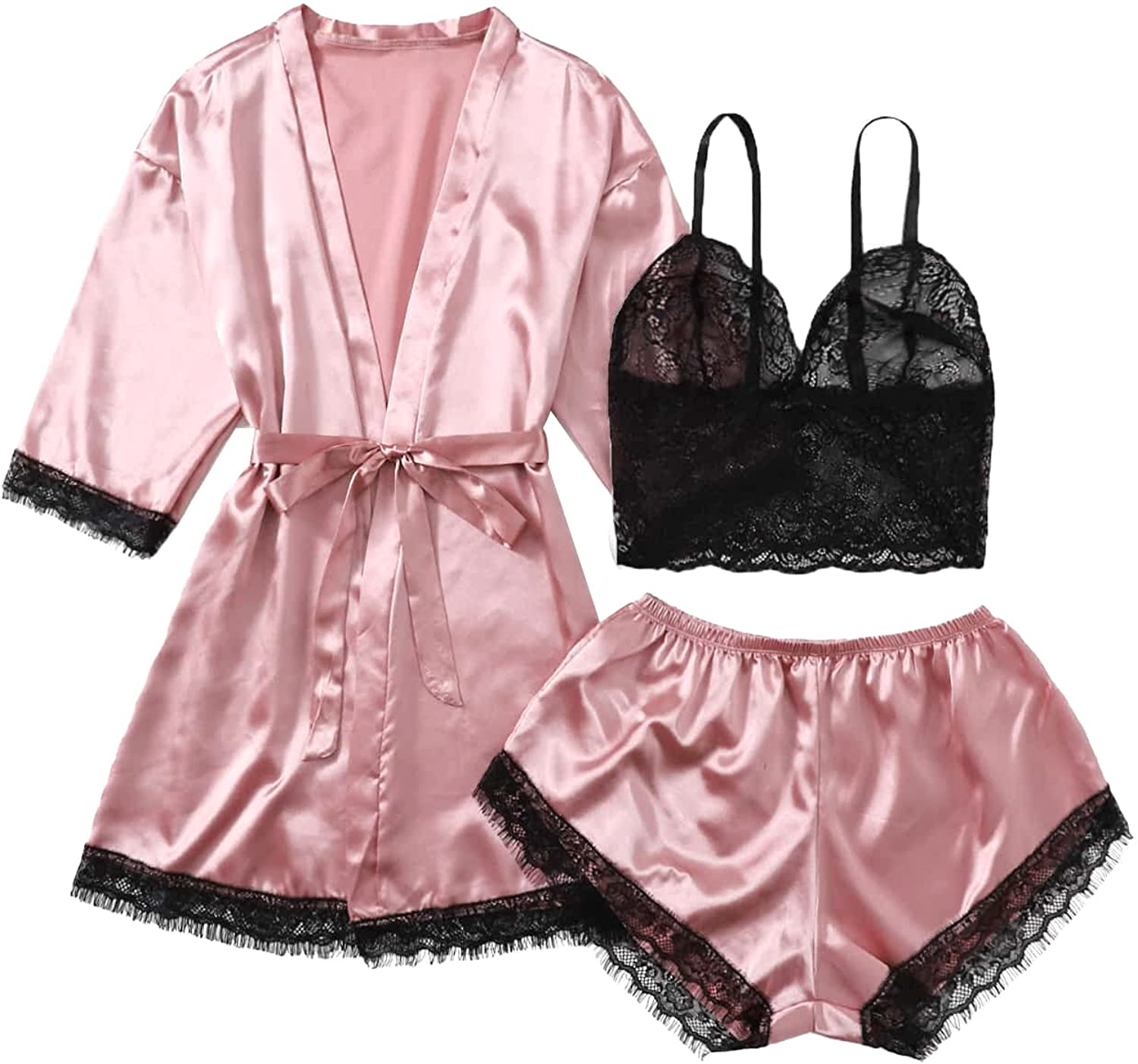 WDIRARA Women'S 4 Pieces Satin Floral Lace Cami Top Lingerie Pajama Set with Robe Apparel & Accessories > Clothing > Underwear & Socks > Lingerie WDIRARA Plus Dusty Pink 4X-Large Plus 