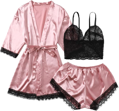 WDIRARA Women'S 4 Pieces Satin Floral Lace Cami Top Lingerie Pajama Set with Robe Apparel & Accessories > Clothing > Underwear & Socks > Lingerie WDIRARA Plus Dusty Pink 4X-Large Plus 